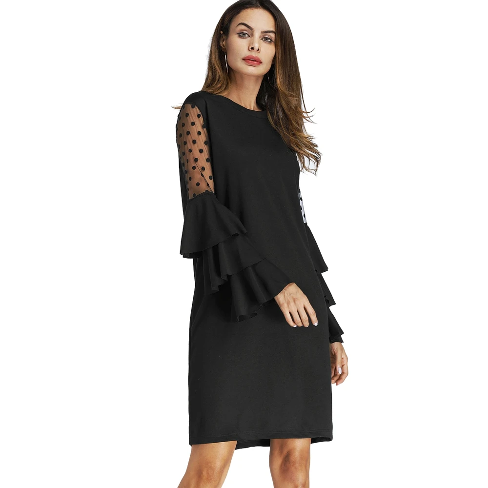 Женское Сетчатое платье в горошек с принтом сезон зима осень Длинные вечерние