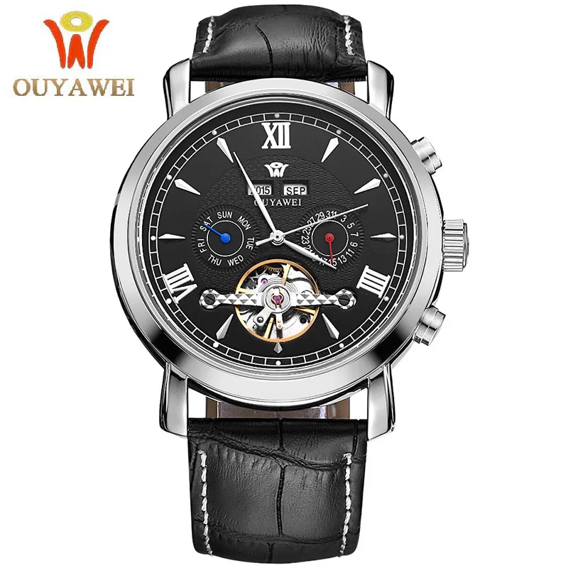 OUYAWEI Скелет механические часы Роскошные мужские черные Tourbillon бизнес бренд Кожа