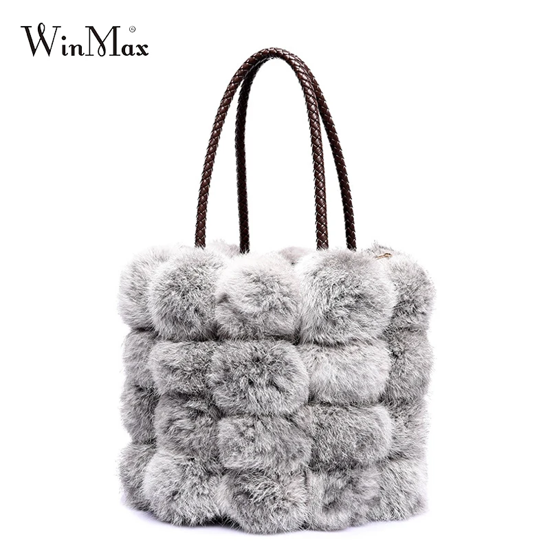 

NEW luxury famous design real fur women handbag soft rabbit hair fur string bucket shoulder bag elegant winter snow bag