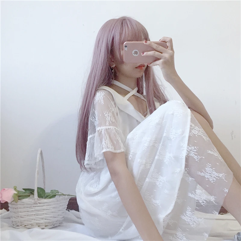 Белое Женское кружевное платье с бантом и высокой талией летнее коротким рукавом