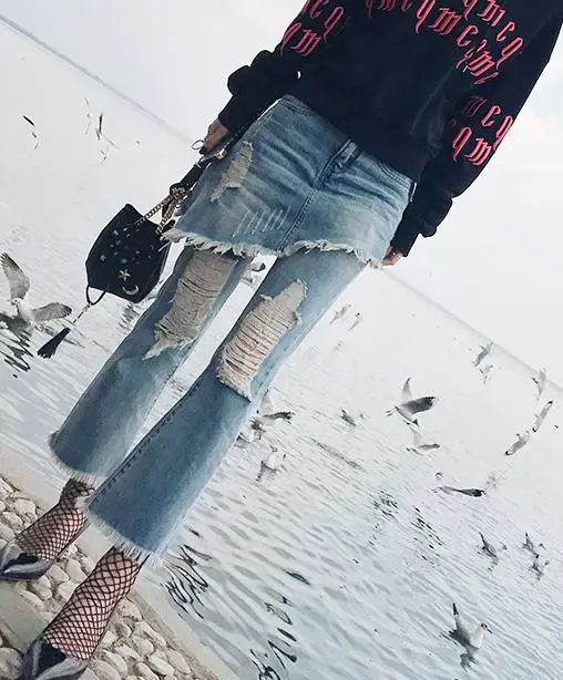 GETSRING, новинка, рваные джинсы, ложные, два, свободные, джинсовые брюки, выдалбливают, женские штаны, 3/4, брюки, женские джинсы, джинсовые штаны, широкие брюки