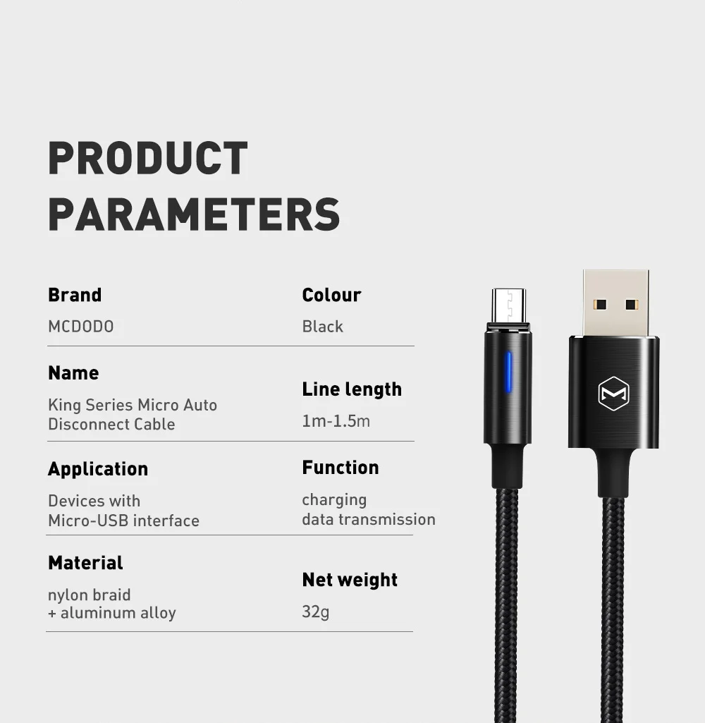 Mcdodo Micro USB кабель 2A для samsung Galaxy S7 Xiaomi huawei QC 3,0 Быстрая зарядка автоматическое отключение Зарядное устройство USB кабель для передачи данных