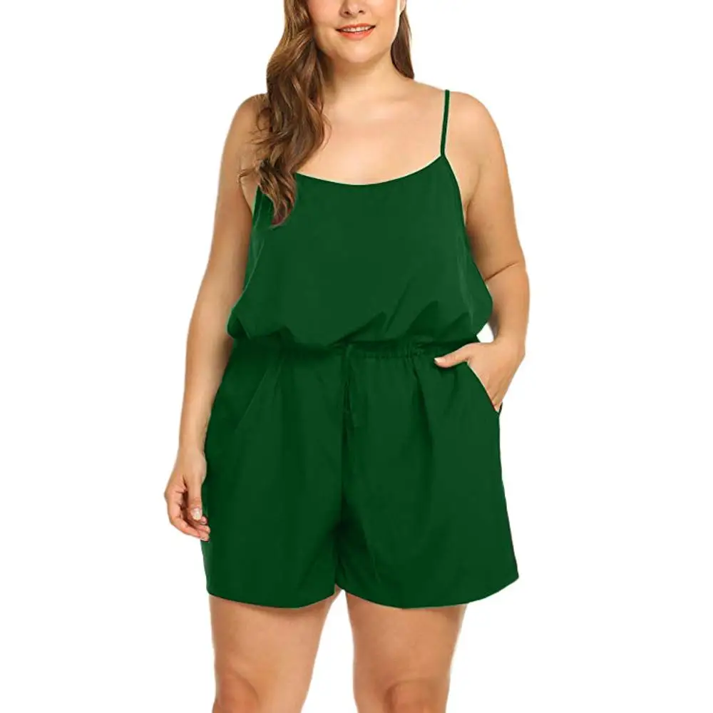 Green Women Summer Sleeveless V-Neck Spaghetti straps Rompers summer Solid color High Waist Jumpsuits Rompers Plus Size 5XL ED - Color: Green