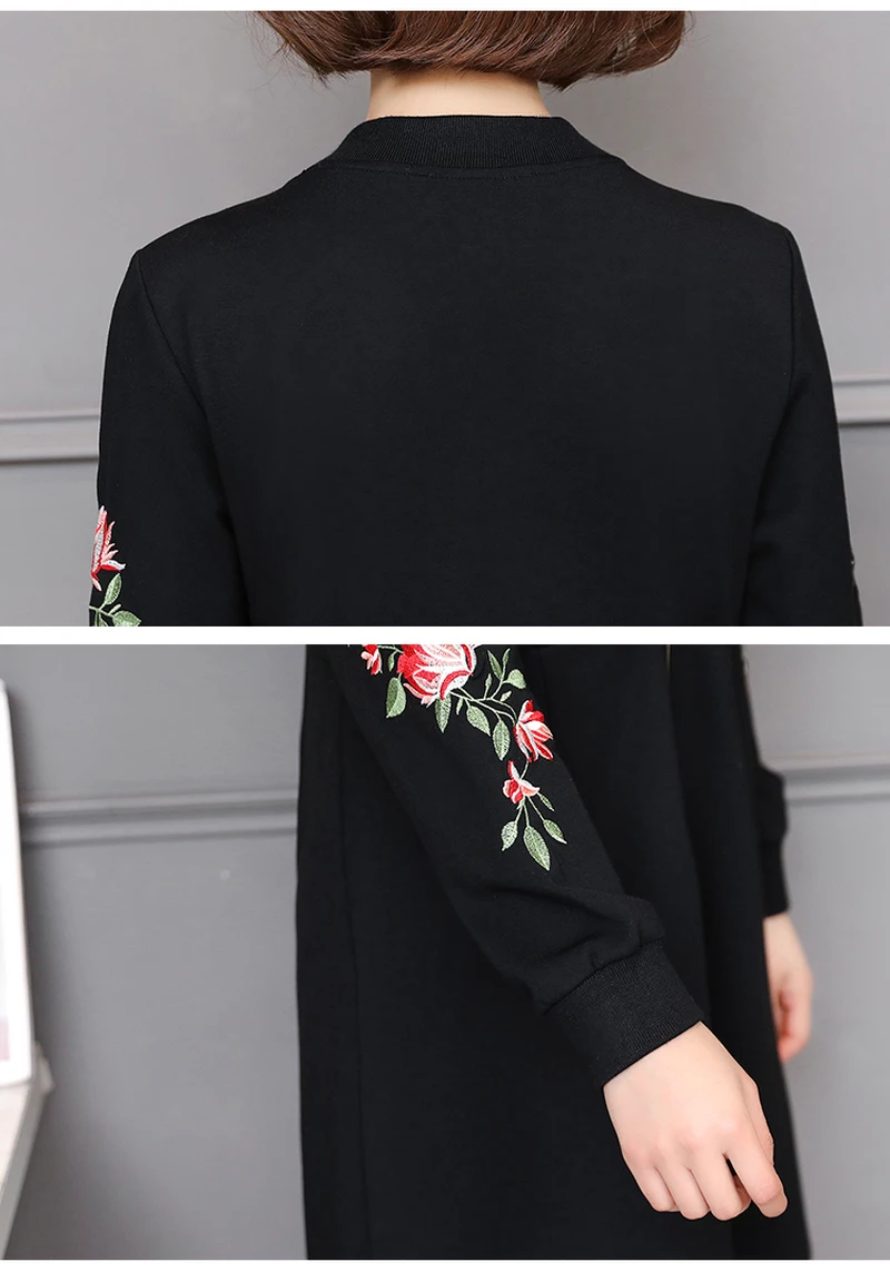 2020 Spring Fashion Flower Embroidery Large Size A-line Dress Womens Zipper Slim Long Sleeve Sexy V-neck Mini | Женская одежда