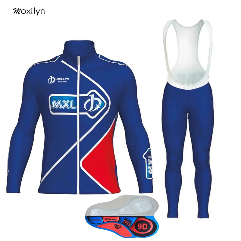 blue-set Мужские майки для велоспорта, Топ с длинным рукавом, 9D штаны с подкладкой, брюки, ветронепроницаемые, дышащие, впитывающие пот, быстросохнущие, теплый флис - Цвет: blue-set