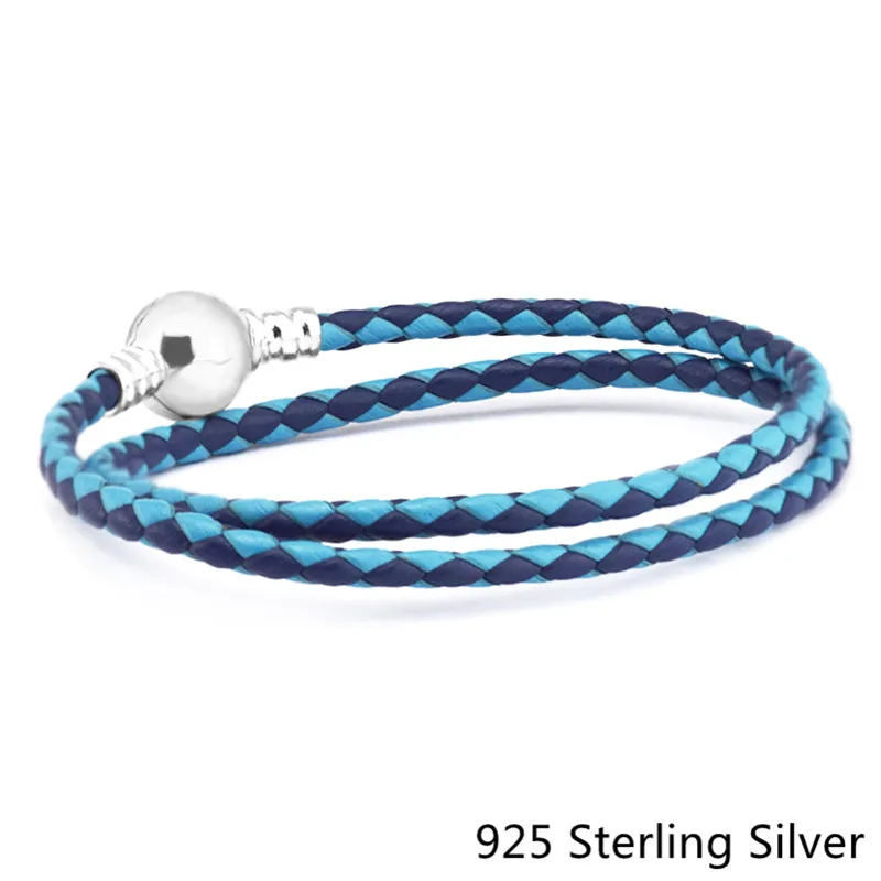 

100% Оригинальные женские серебряные ювелирные изделия, смешанные голубые плетеные Подвесные Браслеты с двойной кожей