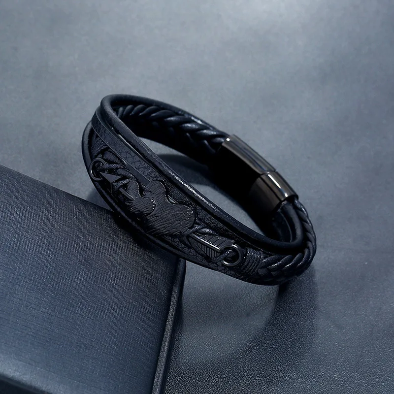 Cute Romantic Couple Black Stainless Steel Leather Bracelet Classic Style Men Simple Button | Украшения и аксессуары