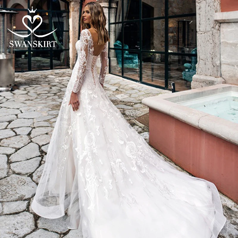 Swanskirt, винтажное Милое Свадебное платье на шнуровке,, модная аппликация, длинный рукав, платье для невесты принцессы, Vestido de Noiva K174