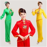 women sequined yangko dance costumes redgreenyellow long sleeves fan waist drum middle aged group national square dance