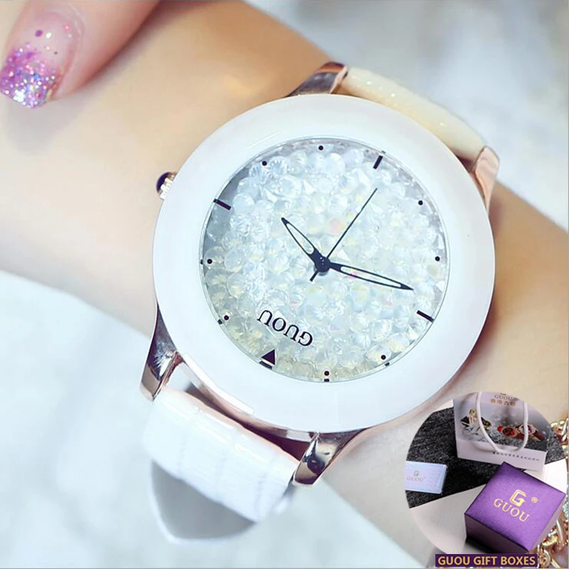 GUOU часы для женщин модные роскошные со стразами Блестящие женские кожа с