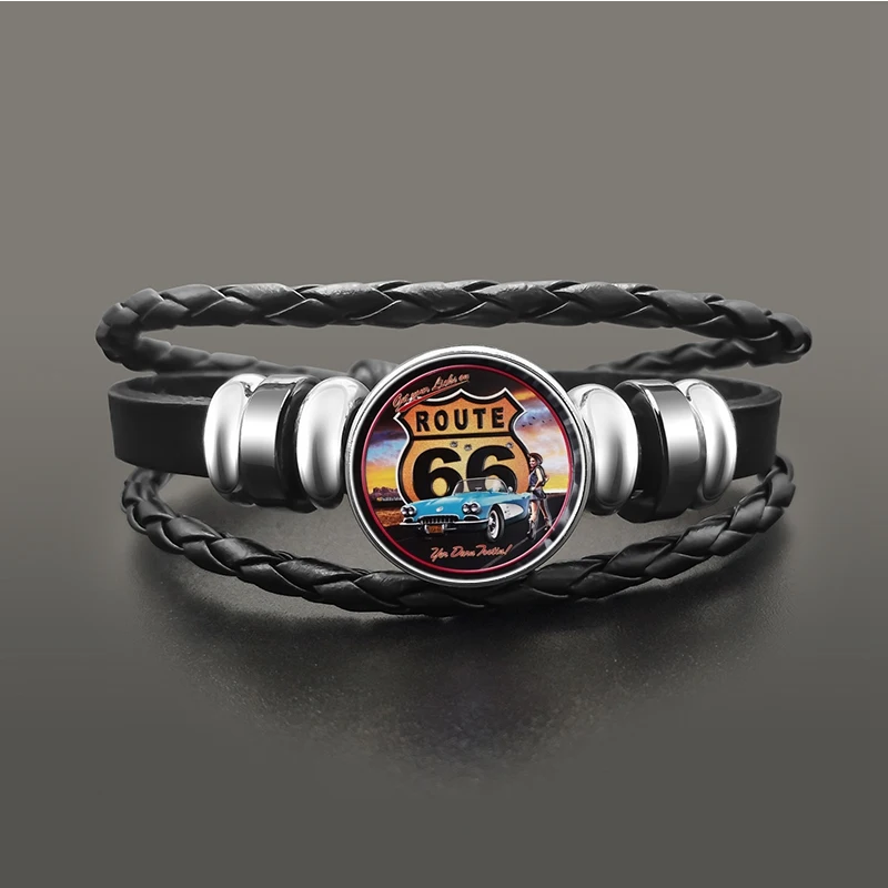 19 Классический американский Route 66 браслет ювелирные изделия панк кожа стеклянный купольный кабошон кнопки браслеты с застежкой для мужчин и женщин - Окраска металла: 19