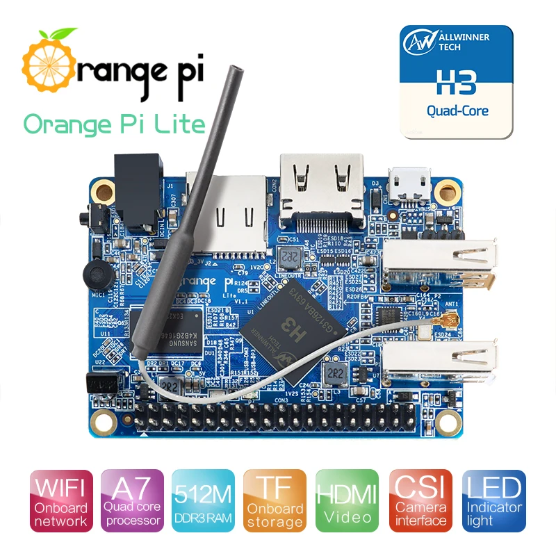 Orange Pi Lite 512MB DDR3 с четырехъядерным процессором 1,2 ГГц WiFi антенна Поддержка Android, Ubuntu изображения