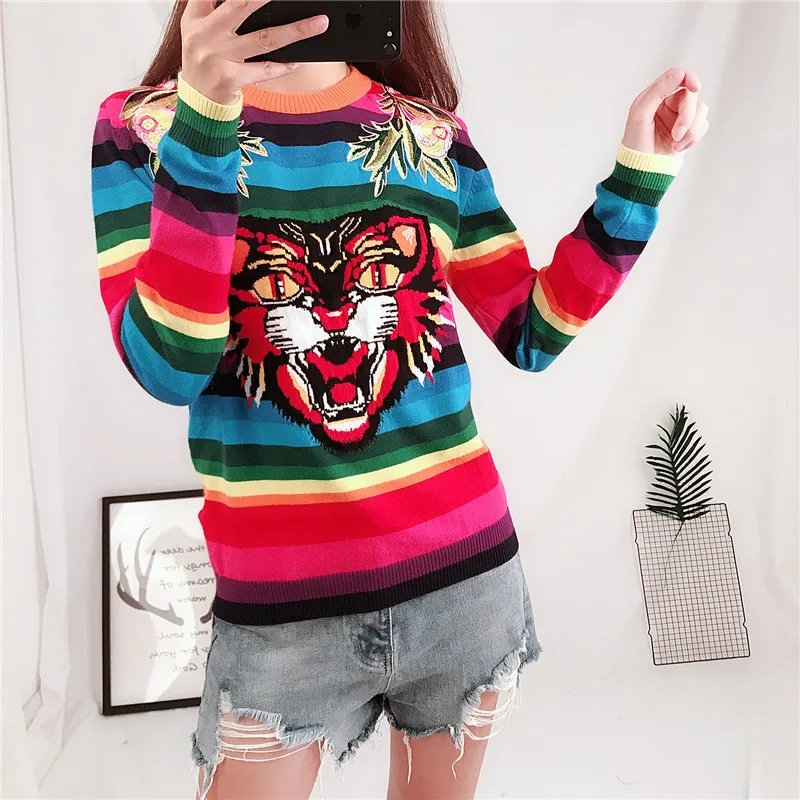 Brand Design Tiger Jacquard Rainbow color Striped Jumper Winter Spring Letter Embroidery Women Sweater Pullover Knit Top C-349 | Женская