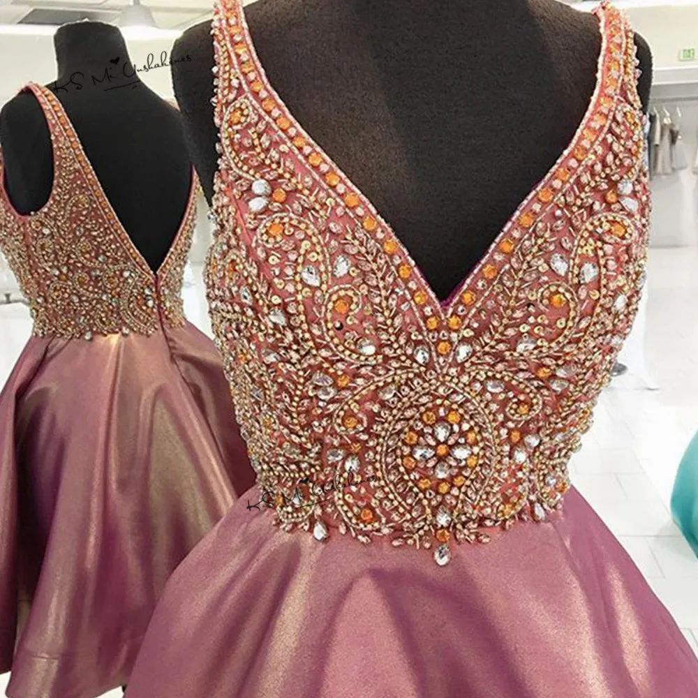 Pink Crystals Prom Dresses Short V Neck Back Above Knee Cocktail Dress Party Homecoming Dress China Vestidos de Coctel