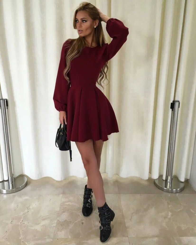 Осеннее винтажное платье с круглым вырезом элегантное женское из полиэстера