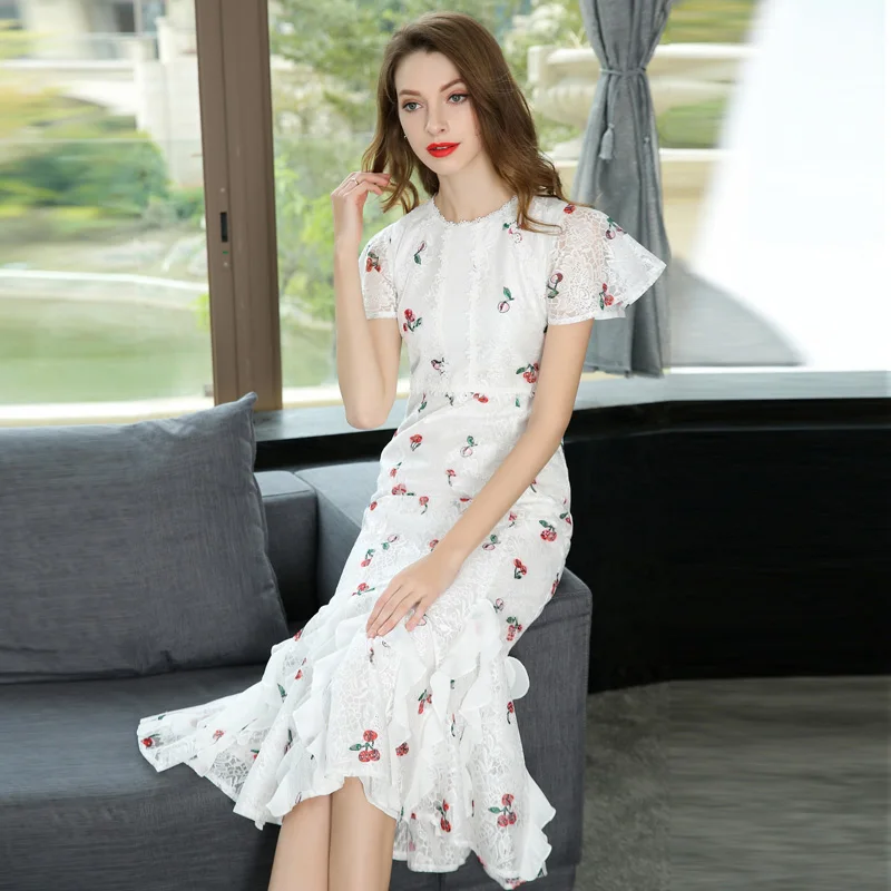 Женское длинное кружевное платье BLLOCUE Белое Облегающее Платье до середины икры с