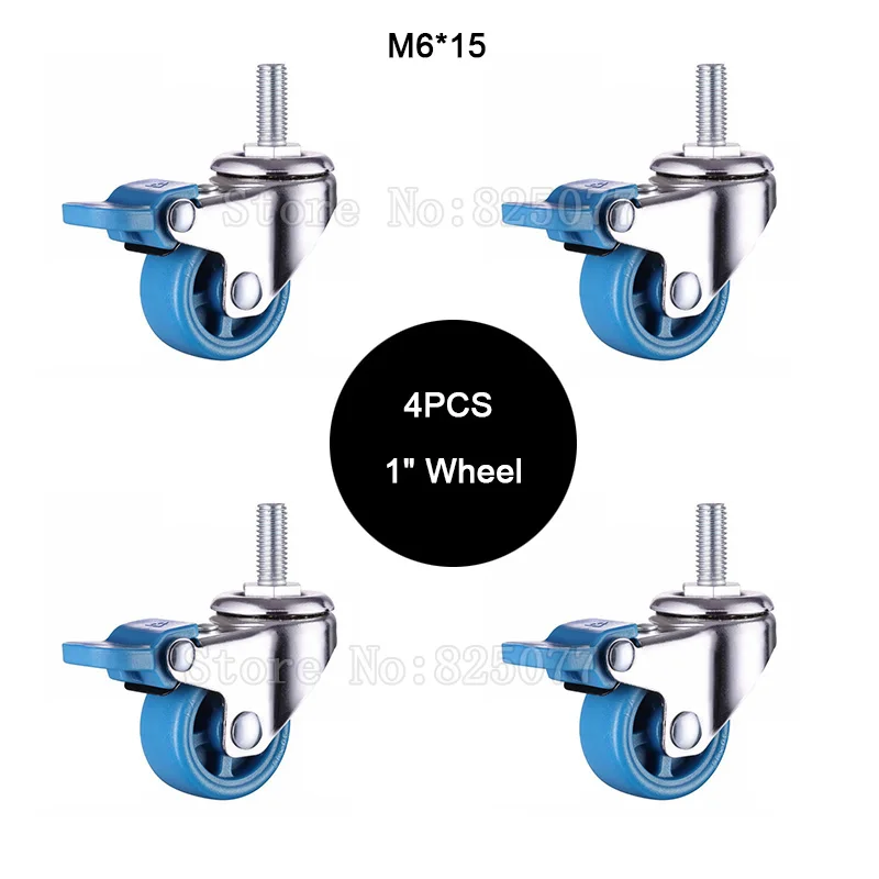 

4PCS Mini 1" Mute Wheel With Brake Loading 20kg Replacement Swivel Casters Rollers Wheels With M6*15 Screw Rod JF1581