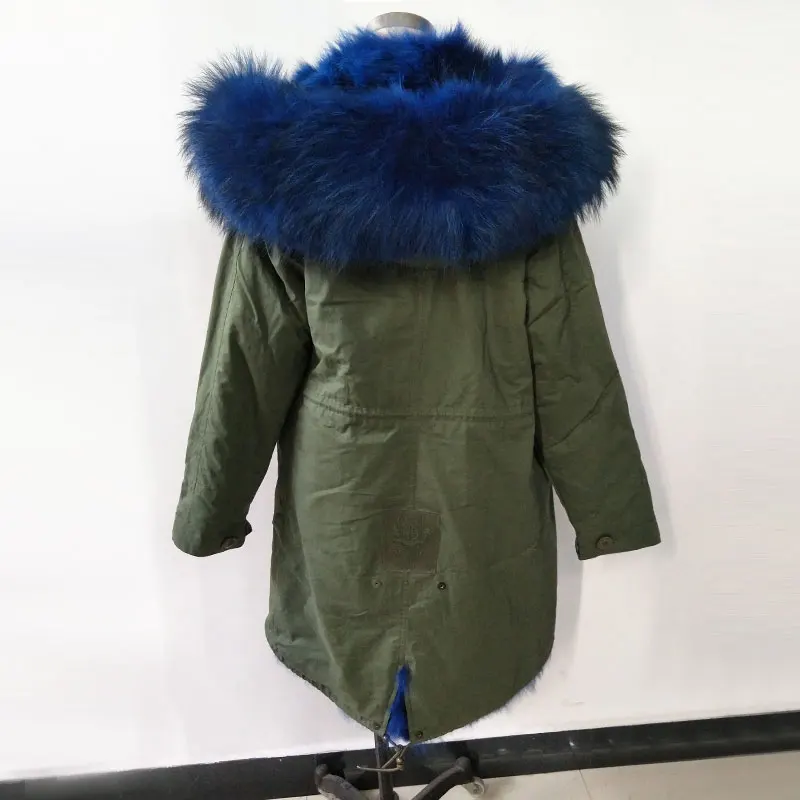 Женская меховая куртка Mrs синяя длинная парка с большим капюшоном из меха енота и