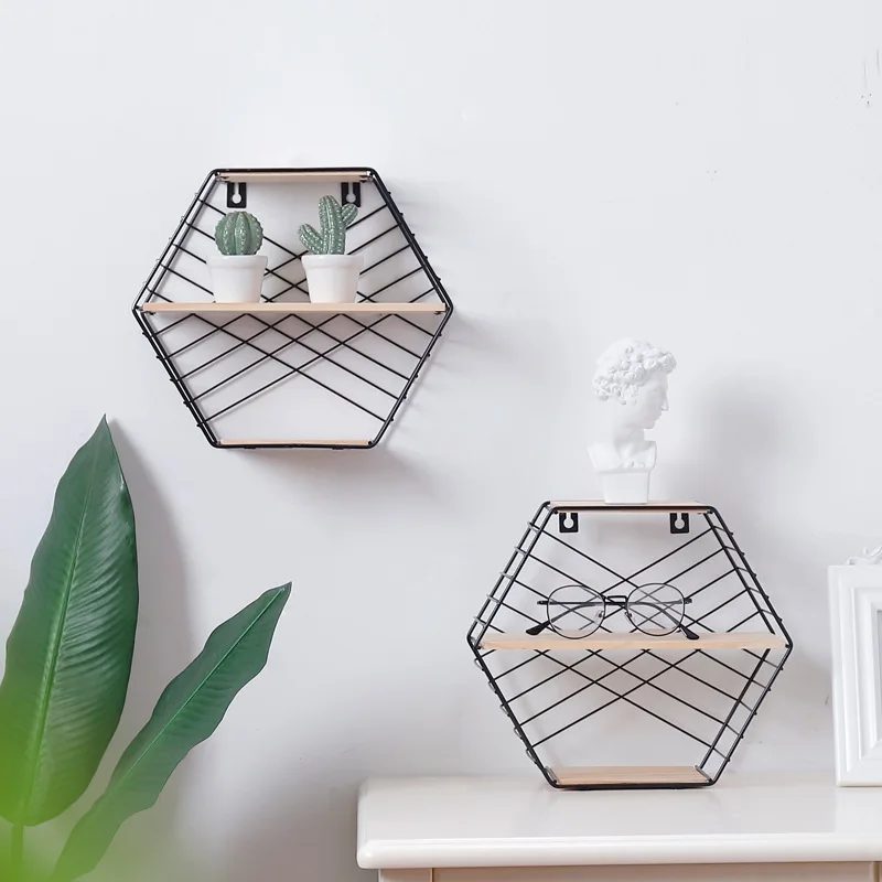 Деревянная железная Шестигранная стойка для хранения в скандинавском стиле