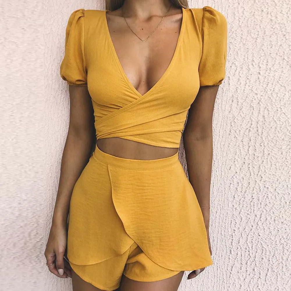 Комплект из 2 предметов: топ и шорты Женский мини-комбинезон пляжного типа летнее