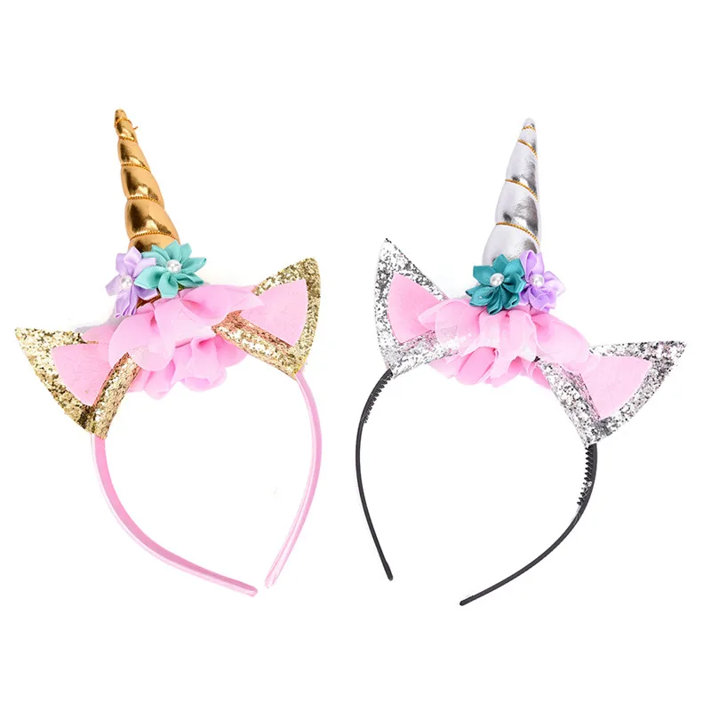 Child Cat Ear Headband Tiara Glitter Metallic Rainbow Bowknot Unicorn Horn With Flowers Hair Hoop Party Gift For Kids |