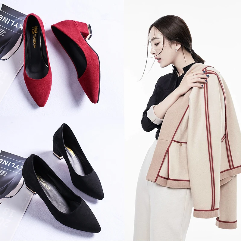 Туфли-лодочки женские высокий толстый каблук заостренный носок однотонные