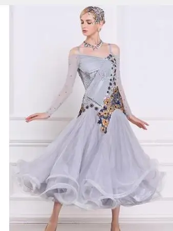 Платье для бального Танго серебряное серое с длинным рукавом|Бальные танцы| |