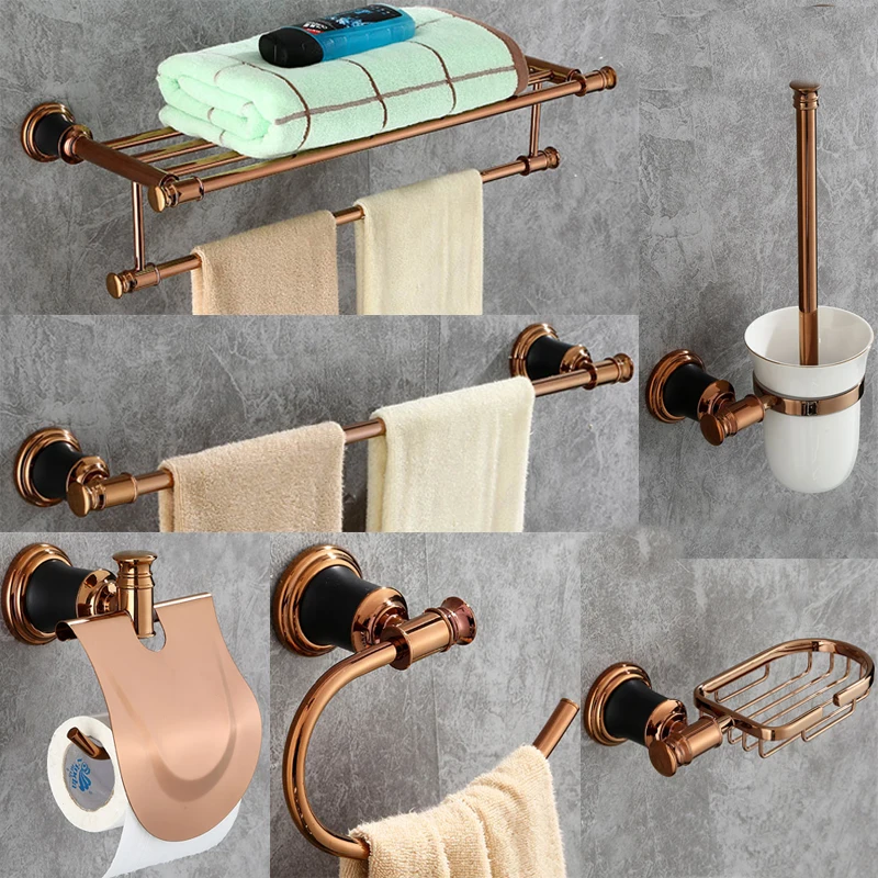 

AOBITE Bath Accessories Rose Gold Wall Mount Towel Rack Toilet Brush Paper towel Soap Holder Bathroom Hardware Sets 5200