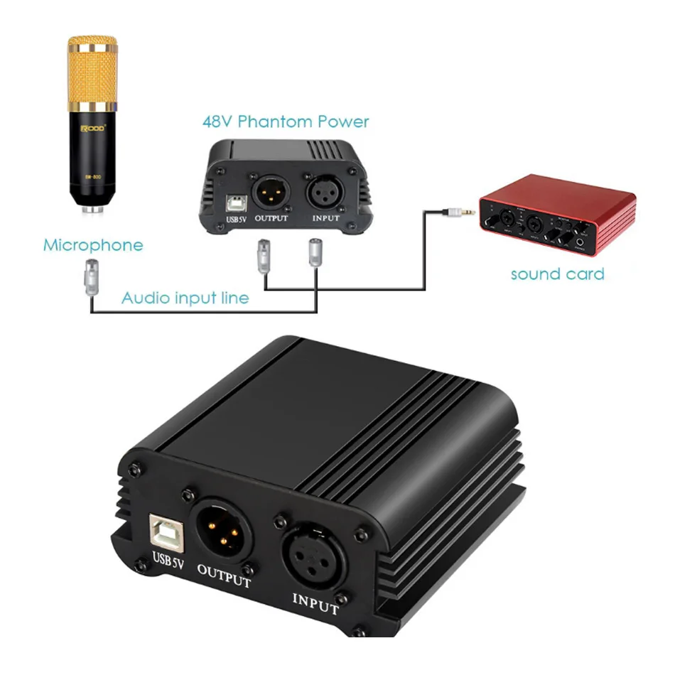 KEXU 1 канальный XLR фантомный блок питания 48 В для конденсаторного микрофона с