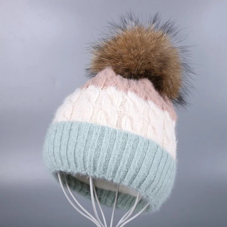 Mink pom green hat OHCOXOC, новинка, женские шапочки, натуральный Лисий мех, помпоны, шапка, сохраняющая тепло, шапочки Skullies, осенняя Женская модная кашемировая зимняя шапка - Цвет: Mink pom green hat