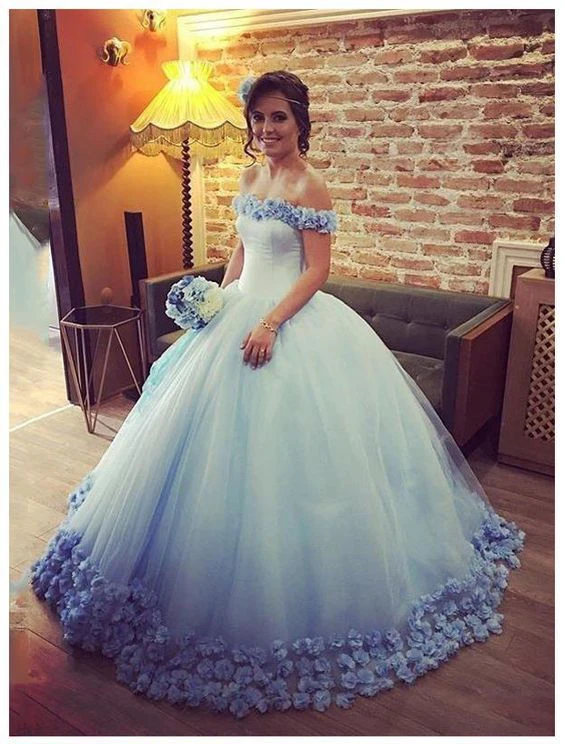 

Blue Quinceanera Dresses Cinderella Ball Gown Off The Shoulder Vestidos De 15 Anos Tulle Appliques Elegant Robe De Bal 2019