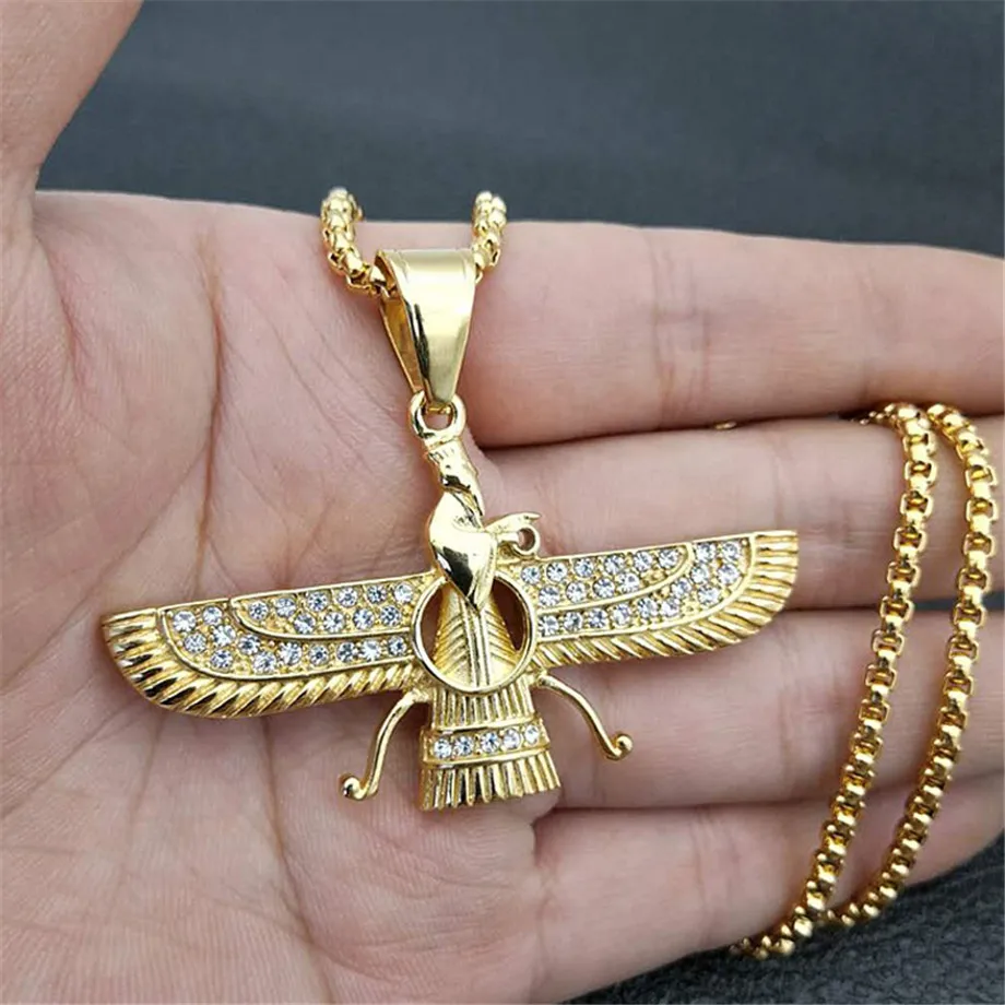 Прямая хип-хоп Iced Out Faravahar Ahura кулон ожерелье золотой цвет нержавеющая сталь Zoroastrian кулон иранские украшения