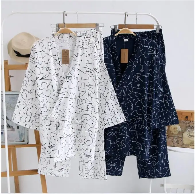 

Spring Japanese mens pajamas 100% Cotton Home clothes Shirt and pant Kimono