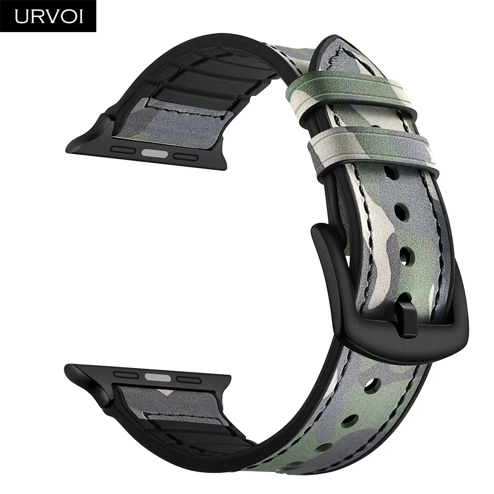 URVOI кожаный ремешок для apple watch, серия 4, 3, 2, 1, ремешок для iwatch, Силиконовая задняя камуфляжная черная пряжка, ретро кожаный ремешок - Цвет ремешка: Jungle Camo