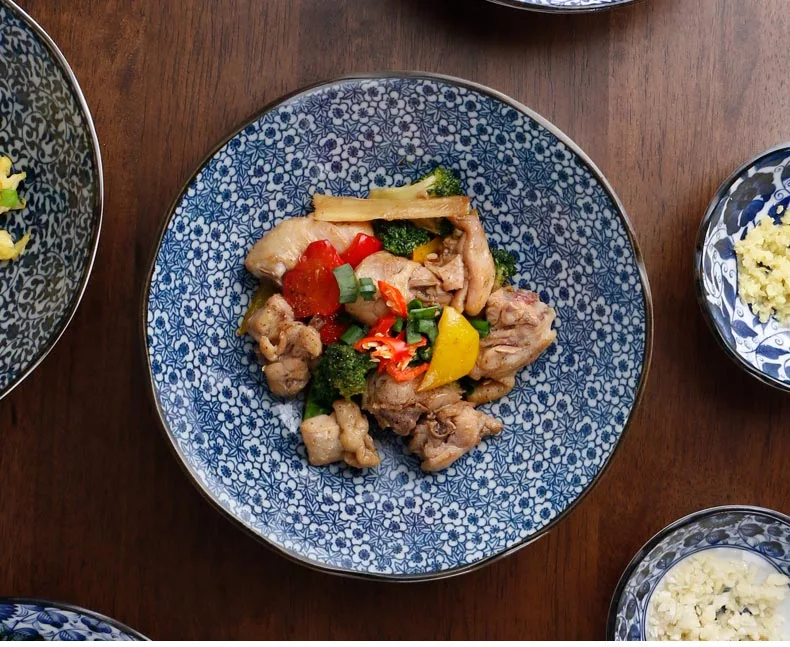 8 дюймов, креативная кухонная посуда, керамическая, синяя и белая фарфоровая тарелка, тарелка для стейка, пасты, блюдо, японские фрукты, закуски, суши, поднос