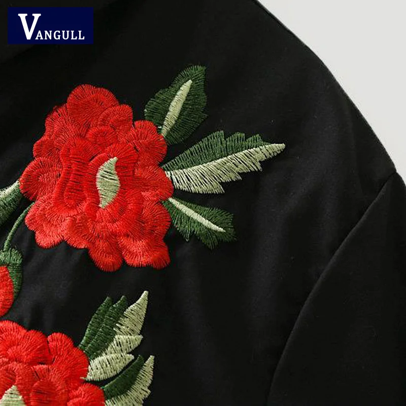 Vangull Women Black Blouses Vintage Flower Embroidery Shirts 2018 New Cotton Long Sleeve Turn Down Collar Ladies Retro Tops |