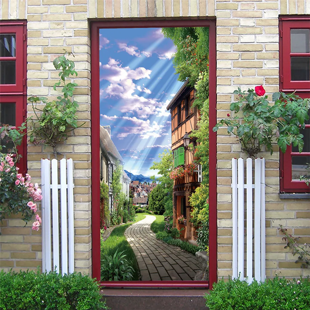 C 3D двери Стикеры ретро старый деревянный дверной станции бар Лифт полицейский зал метро лестницы Цветные Блоки потянув домашний декор для дверей паста - Цвет: C