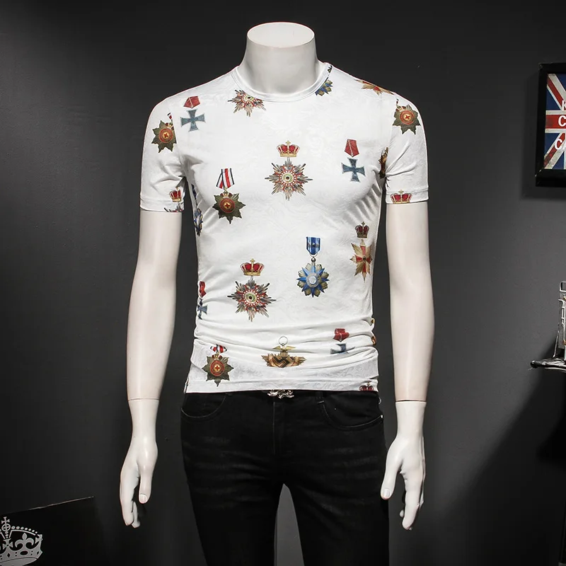 2018 Новый Шелковый принт с коротким рукавом Футболка мужская плюс размер 3XL 4XL 5XL