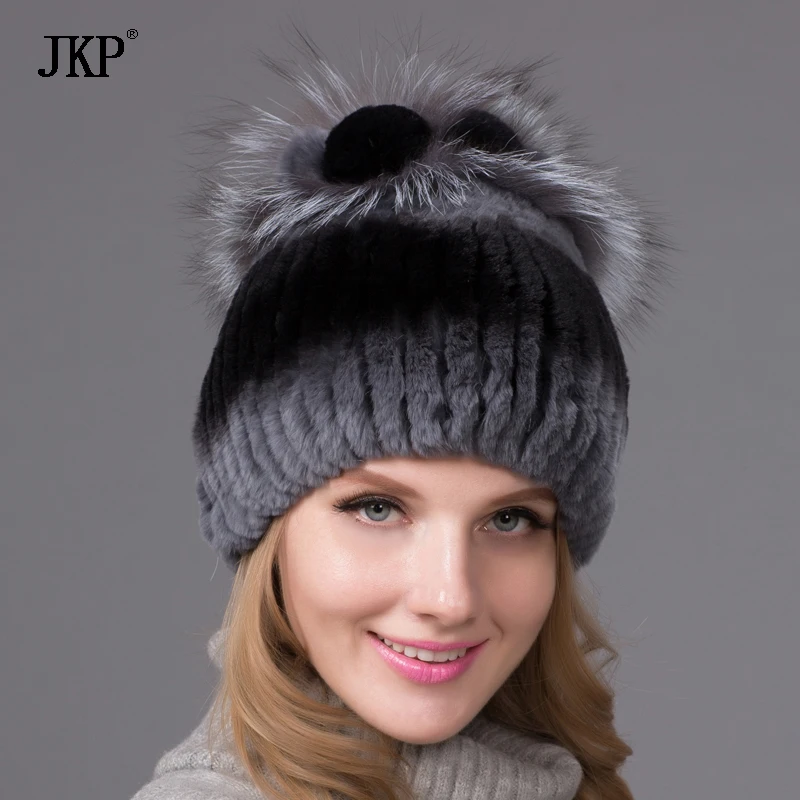 Женские На зимнем меху шапка меховая из натурального кролика с серебристой лисой