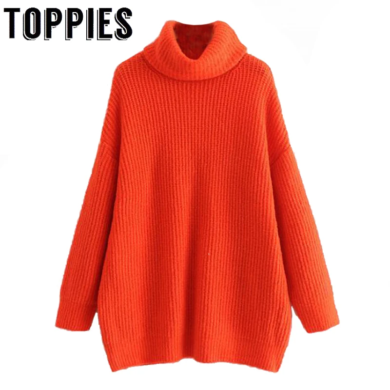 Winter Women Orange Color Turtleneck Knit Sweater Batwing Sleeves Oversize Pullovers | Женская одежда