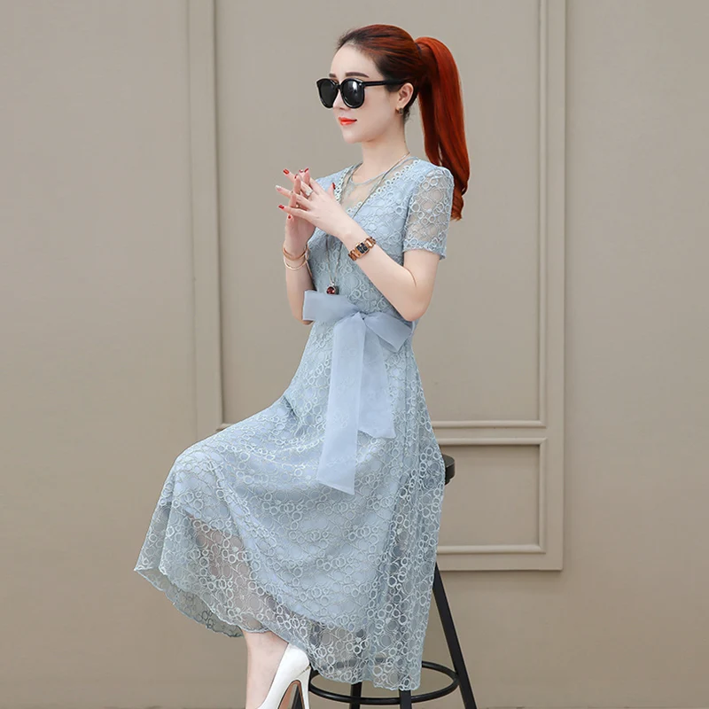 Платье женское шифоновое средней длины модное элегантное однотонное кружевное с