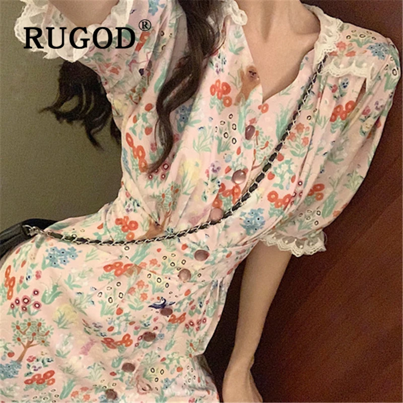 RUGOD элегантное женское платье с длинным рукавом, офисное платье, модное платье с отложным воротником, летнее платье для вечеринки, кружевное лоскутное платье трапециевидной формы