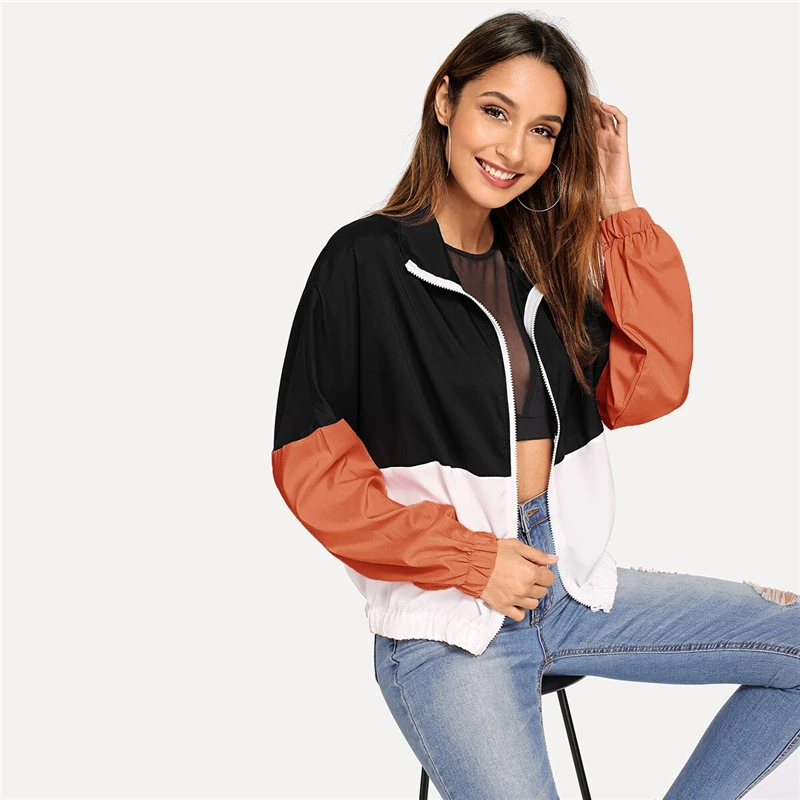 SHEIN Многоцветный эластичный подол цветной блок ветровка куртка для женщин лето осень с длинным рукавом спортивная уличная верхняя одежда пальто