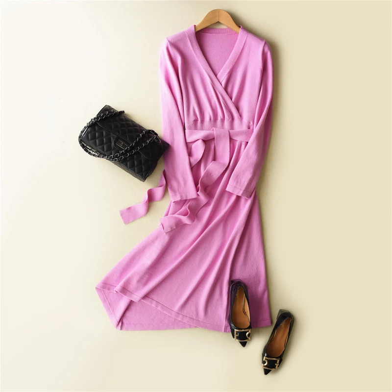 HZYRMY Весна и Осень Новый женский кашемировый свитер платье с v-образным вырезом