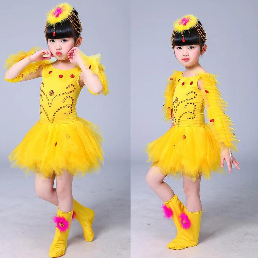 Танцевальная одежда для девочек с желтыми птицами костюмы детская сценическая