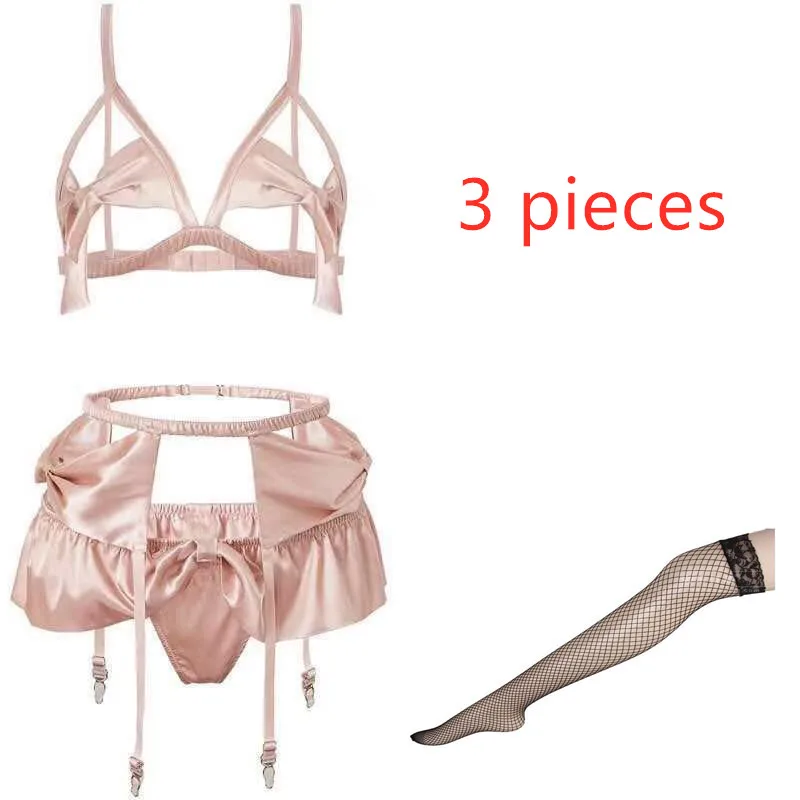 Черный New Bow Underwear Sexy Pink 1/2 Cup Lace Babydoll Open Bra Set 3pc Bras& G-String& Net Socks& Sling Women Lingerie Nightwear - Цвет: Черный
