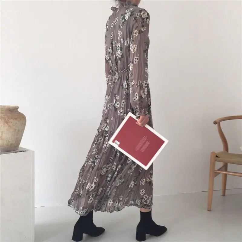 HziriP Stand Print Floral Casual Simple Loose Free 2019 Summer Autumn Women Elegant Ladies Party Ankle Length Dresses 3 Colors | Женская
