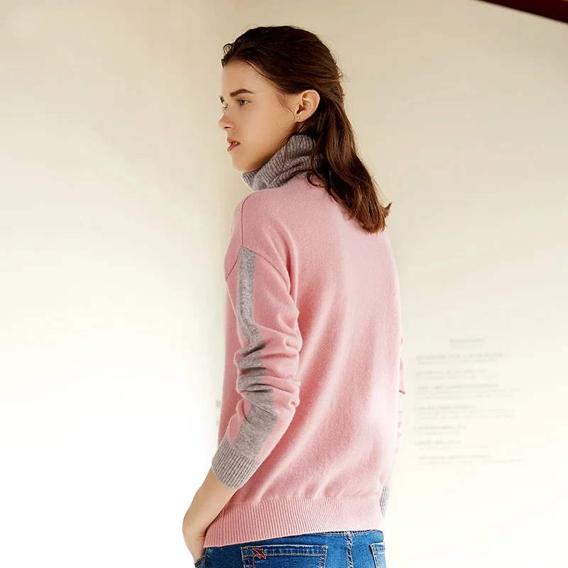 Женский кашемировый свитер ZHILI контрастных цветов с воротником-хомутом | Женская