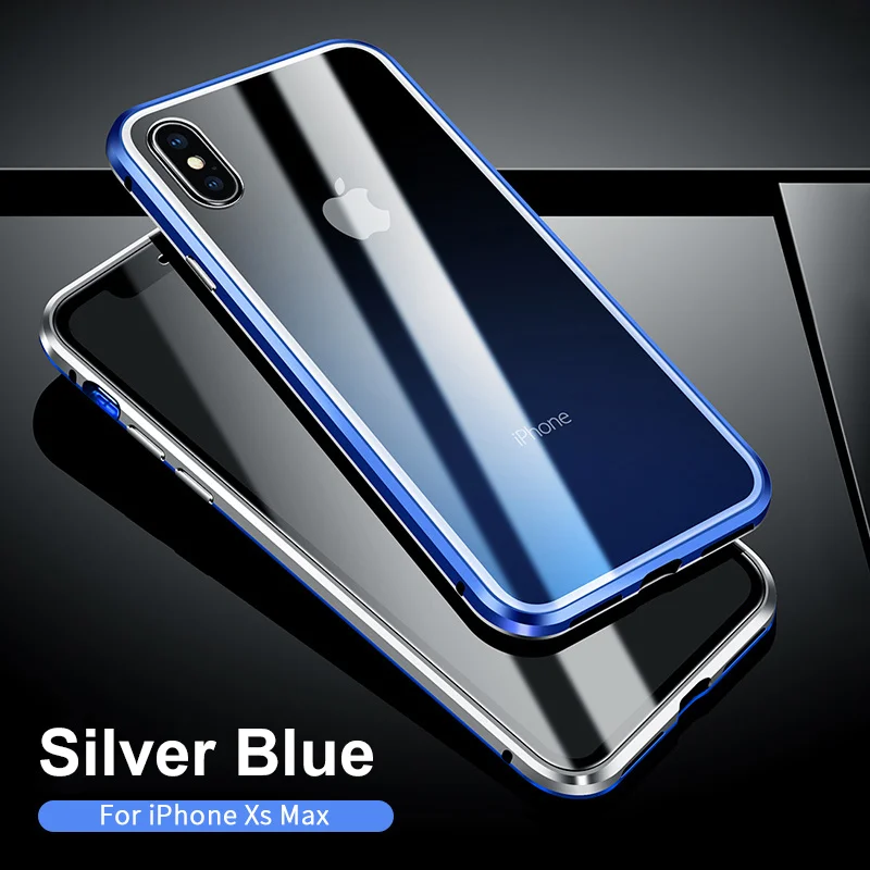 3D Магнитный адсорбционный чехол для iPhone 11 X XR XS pro Max металлический бампер закаленное чехол для iPhone 7 8 6 6s Plus чехол для телефона - Цвет: Silver Blue
