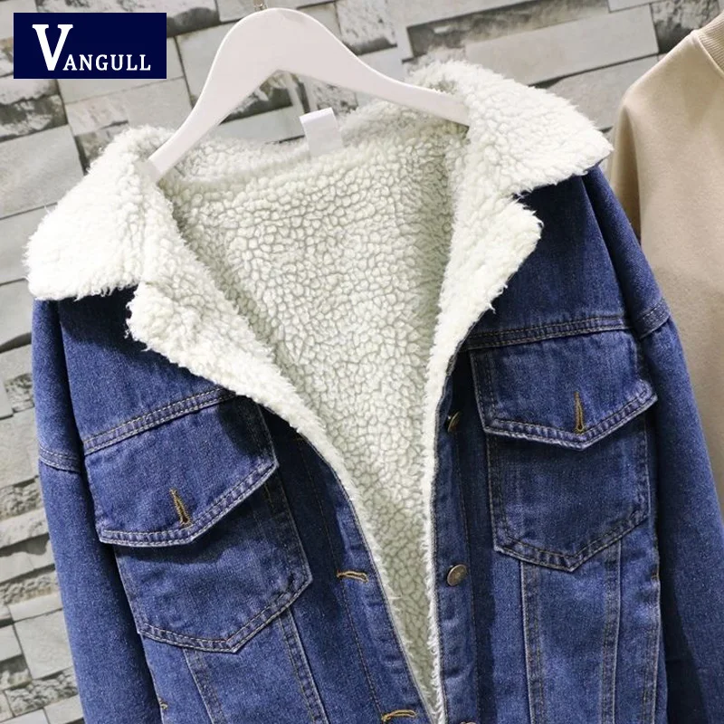 Vangull женские теплые джинсовые куртки из овечьей шерсти, плотное джинсовое пальто, Повседневная зимняя новая джинсовая верхняя одежда с карманами и длинным рукавом